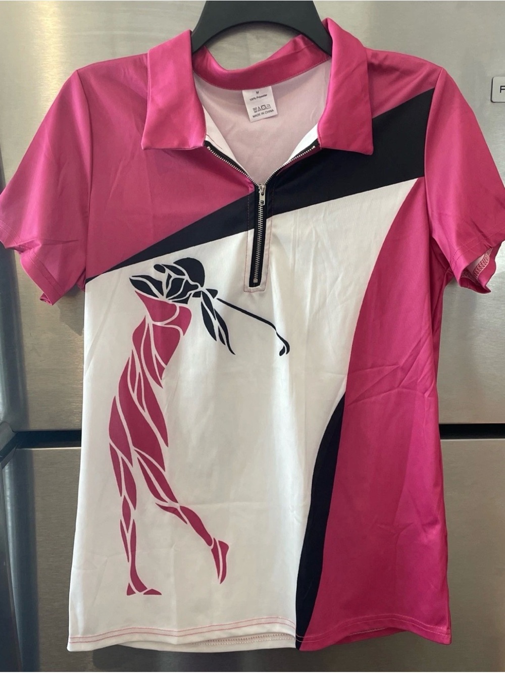 Golfer Girl Woman’s Custom Golf Shirt Size Medium Pink Black and White